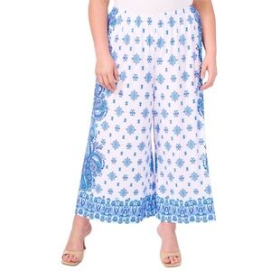 Vince Camuto Paisley Print Wide Leg Pants White And Blue Stretch Pull On Size 2X